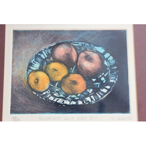 7 - After Pip Carpenter - etching, coloured, still life, Tangerines and glass dish, 13cm x17cm.