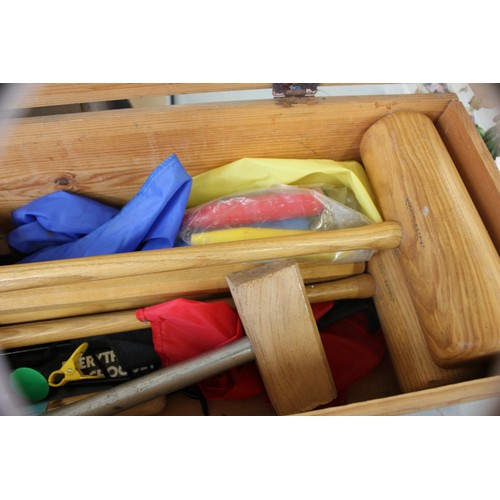 34 - A 'Jacques' croquet set in stripped pine box, including hoops, four mallets, balls, and other access... 