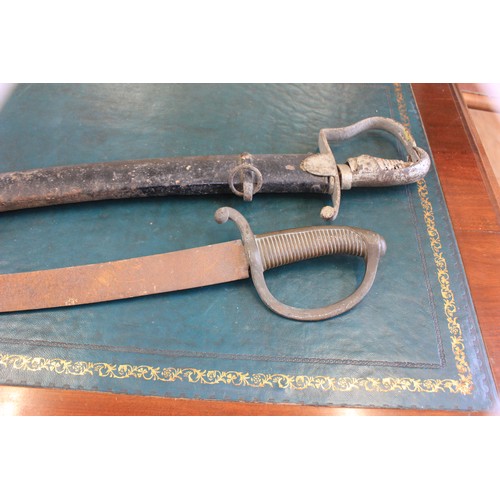 87 - A 1796 pattern style sword in scabbard 99cm long, and a naval short sword, both a.f. (2).