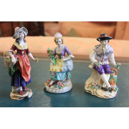 114 - A Samson porcelain figure of flower girl 15cm high, and two Sitzendorf figures of youth and maiden e... 