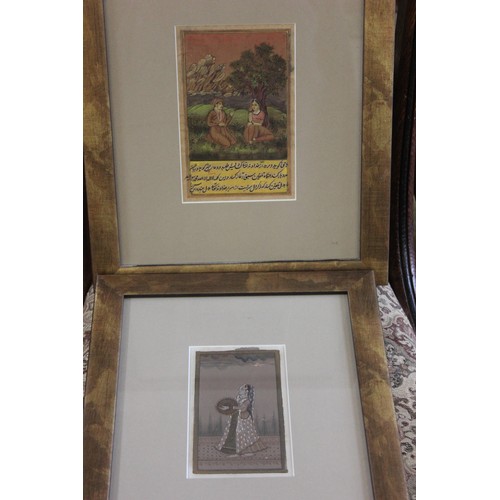 52 - Moghul School - Painting of young lady playing hand drum, 15cm x 9cm, and another of lovers in lands... 