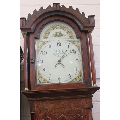 65 - A 19th century inlaid oak long case clock, the 30 hour movement with enamelled arch dial inscribed W... 