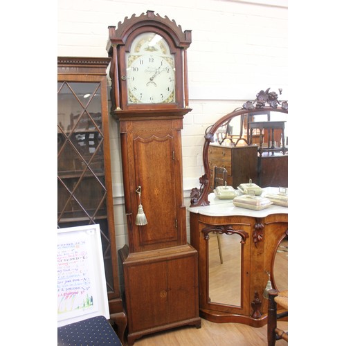 65 - A 19th century inlaid oak long case clock, the 30 hour movement with enamelled arch dial inscribed W... 