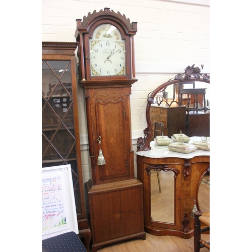 65 - A 19th century inlaid oak long case clock, the 30 hour movement with enamelled arch dial inscribed W... 