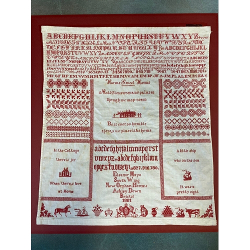 328 - A Late Victorian Ashley Down Bristol Orphanage Sampler, in red thread needlework, by Eleanor Mayo in... 