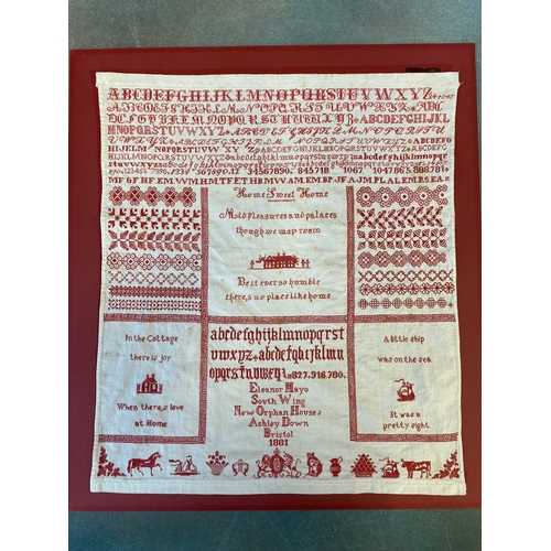 328 - A Late Victorian Ashley Down Bristol Orphanage Sampler, in red thread needlework, by Eleanor Mayo in... 