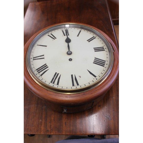 25 - A 19th century mahogany wall timepiece with fusee movement and cream enamelled dial, 38cm in diamete... 