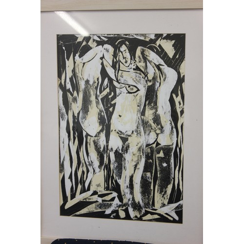 27 - After Susan Rothenberg - Three female figures in poses, wood-cut print, 48cm x 33cm.