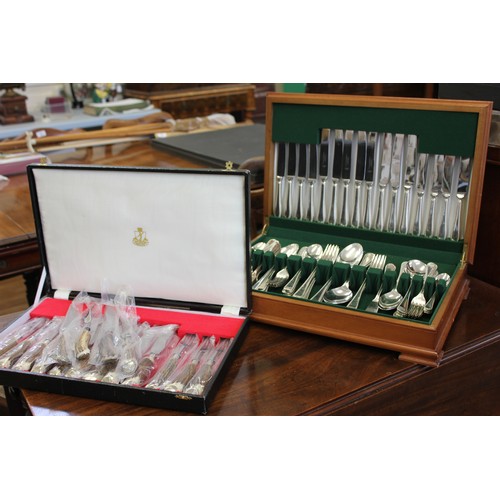 36 - A canteen of silver-plated cutlery in yew & satin beech box & a set of bone handled stake knives & f... 