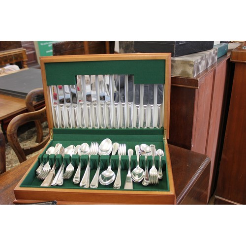 36 - A canteen of silver-plated cutlery in yew & satin beech box & a set of bone handled stake knives & f... 