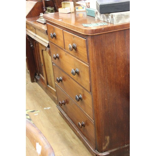 212 - A Victorian satin walnut chest of two short and three long drawers, 94cm wide.