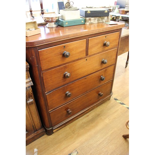 212 - A Victorian satin walnut chest of two short and three long drawers, 94cm wide.