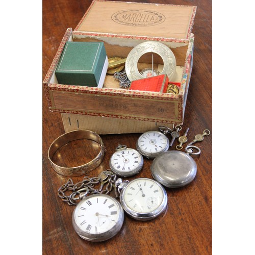 215 - A silver open-face pocket watch with metal chain, a further pocket watch, a lady's fob watch, and tw... 