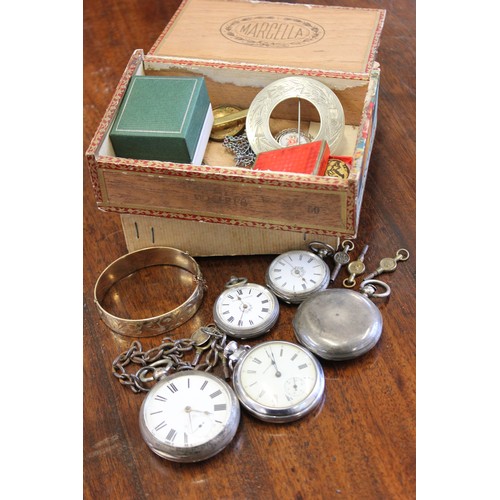 215 - A silver open-face pocket watch with metal chain, a further pocket watch, a lady's fob watch, and tw... 