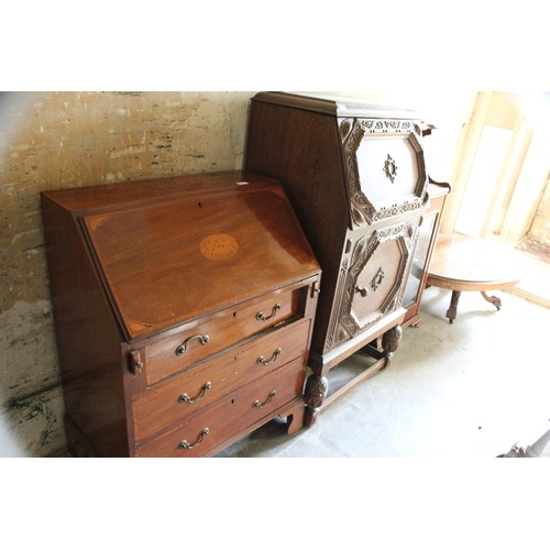 19 - A small early 20th century carved oak bureau, 61cm wide, and an Edwardian inlaid mahogany bureau, 70... 