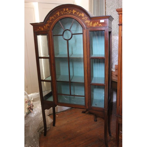 22 - An Edwardian inlaid mahogany display cabinet, 94cm x 164cm, and another 138cm x 169cm, one with brok... 