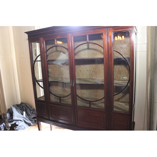 22 - An Edwardian inlaid mahogany display cabinet, 94cm x 164cm, and another 138cm x 169cm, one with brok... 