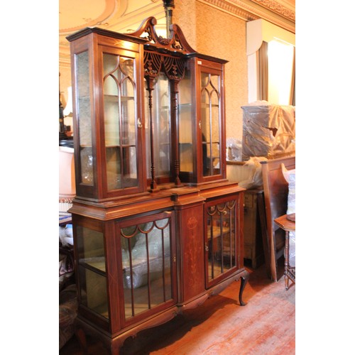 23 - An Edwardian inlaid mahogany sideboard and display cabinet, 137cm x 220cm high.