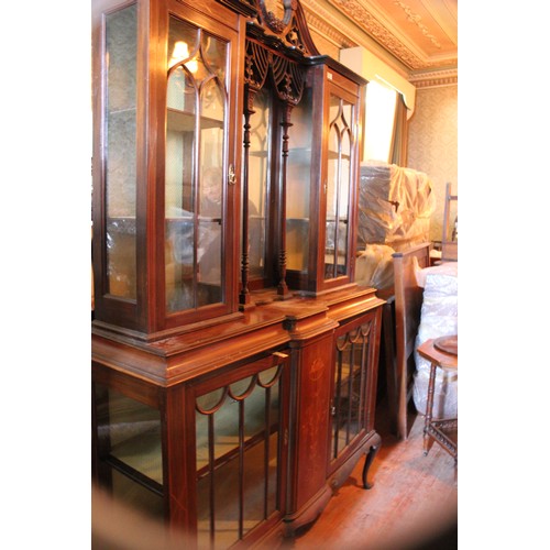 23 - An Edwardian inlaid mahogany sideboard and display cabinet, 137cm x 220cm high.