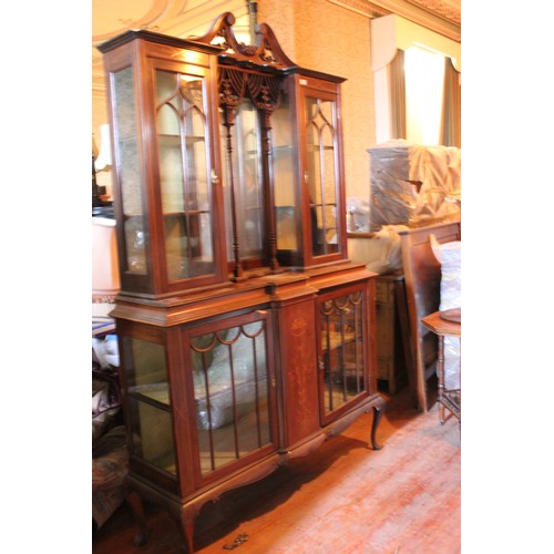 23 - An Edwardian inlaid mahogany sideboard and display cabinet, 137cm x 220cm high.