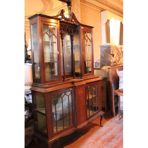 23 - An Edwardian inlaid mahogany sideboard and display cabinet, 137cm x 220cm high.