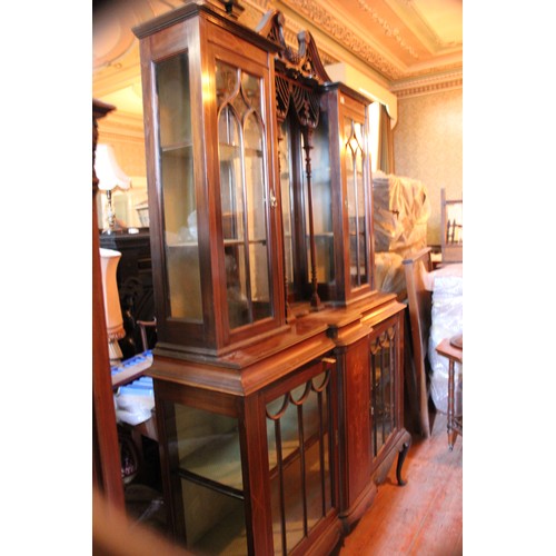 23 - An Edwardian inlaid mahogany sideboard and display cabinet, 137cm x 220cm high.