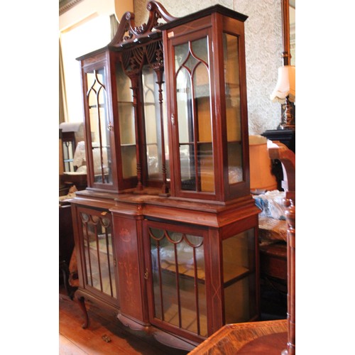 23 - An Edwardian inlaid mahogany sideboard and display cabinet, 137cm x 220cm high.