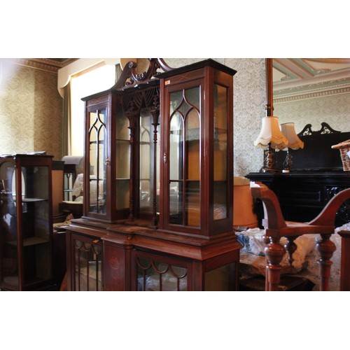 23 - An Edwardian inlaid mahogany sideboard and display cabinet, 137cm x 220cm high.