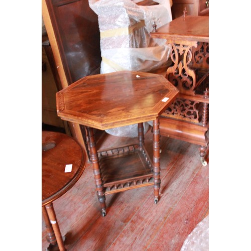 25 - A Victorian rosewood and inlaid octagonal occasional table, a later mahogany table, and a wine table... 