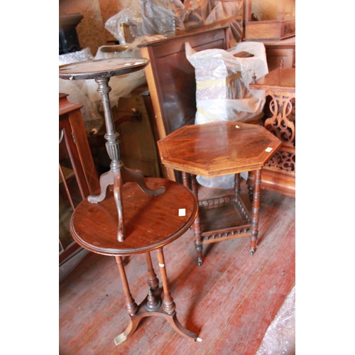 25 - A Victorian rosewood and inlaid octagonal occasional table, a later mahogany table, and a wine table... 