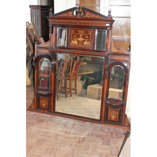 31 - An Edwardian inlaid mahogany overmantel mirror with architectural pediment, 132cm wide x 164cm high,... 