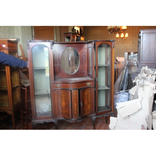 32 - An Edwardian display cabinet, 93cm wide, and a part cabinet a.f. broken side panel.