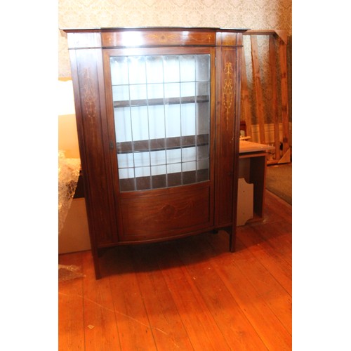 35 - An Edwardian inlaid mahogany display cabinet with leaded panels, 108cm wide x 152cm high.