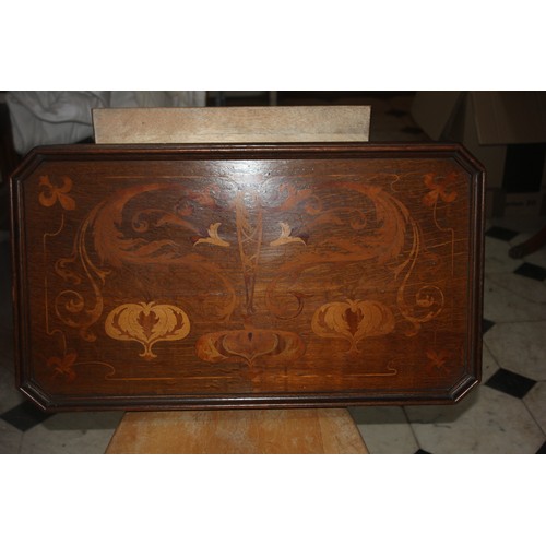 43 - An oak and marquetry inlaid tray, 72cm wide, a fire screen and a further gilt fire screen with needl... 