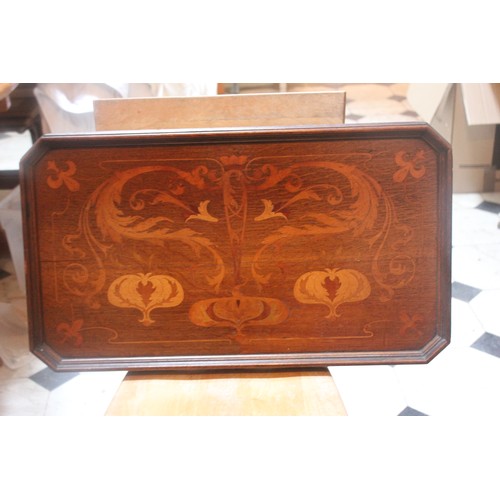 43 - An oak and marquetry inlaid tray, 72cm wide, a fire screen and a further gilt fire screen with needl... 