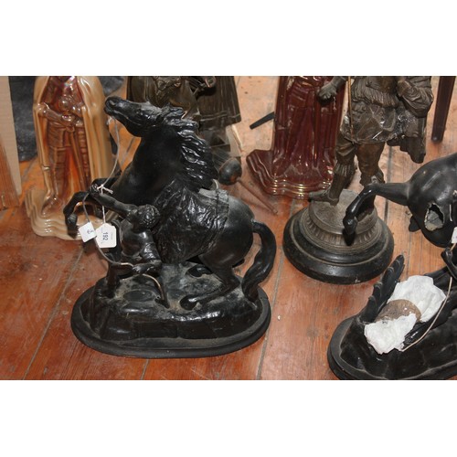 45 - A pair of spelter figures of the Marly horses on marble pedestal, 51cm high, two spelter figures of ... 