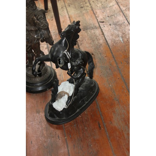 45 - A pair of spelter figures of the Marly horses on marble pedestal, 51cm high, two spelter figures of ... 