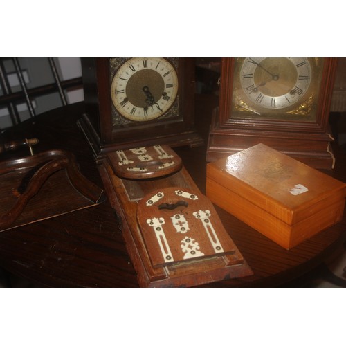 50 - An oak mantel clock, a late Victorian book rack, a crumb tray, a satin beech box, and a further cloc... 