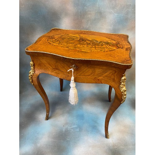 253 - A 19th century French oak kingwood and marquetry inlaid boudoir table, with gilt metal mounts, the h... 