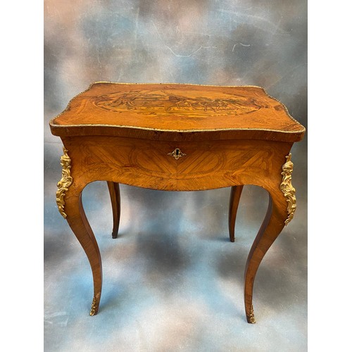 253 - A 19th century French oak kingwood and marquetry inlaid boudoir table, with gilt metal mounts, the h... 