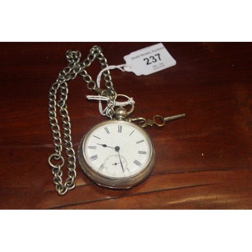 237 - A gent's open-faced key-wound pocket watch, in silver-plated case, together with a chain, a.f. (2)