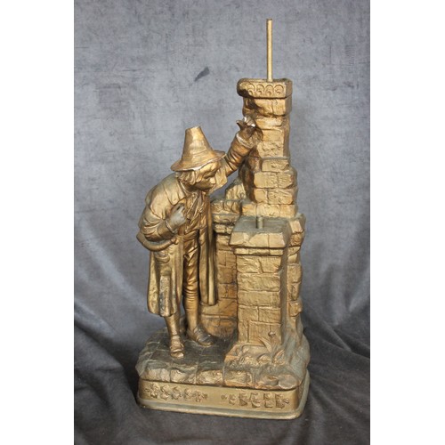 34 - August Otto (1868 - 1947) - pottery lamp base, depicting a boy with powder horn peering over a wall,... 