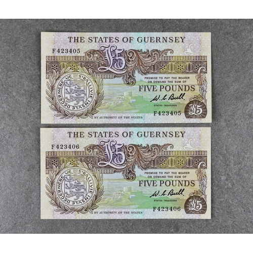 181 - BRITISH BANKNOTES - The States of Guernsey - Five Pounds - consecutive pair, c. 1989-90, Signatory W... 