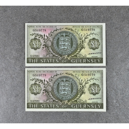 183 - BRITISH BANKNOTES - The States of Guernsey - One Pounds - Two consecutive, c. 1969, Signatory C. H H... 