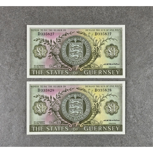184 - BRITISH BANKNOTES - The States of Guernsey - One Pound - consecutive pair, c. 1973, Signatory C. H. ... 