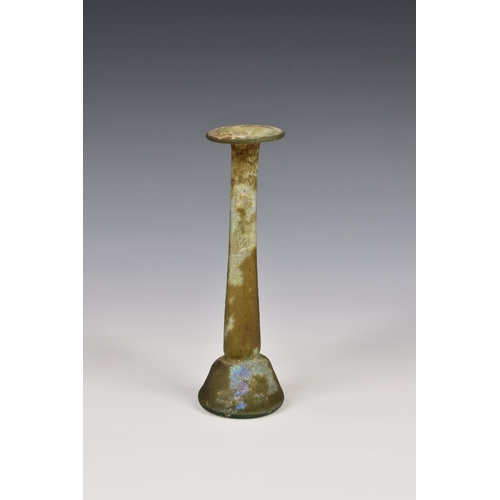 188 - A large Roman iridescent glass unguentarium, 1st-2nd century AD, of candlestick form with widely fla... 
