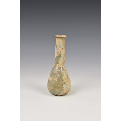 191 - A Roman iridescent clear glass unguentarium, 1st-2nd century AD, with flat, everted rim, slender nec... 