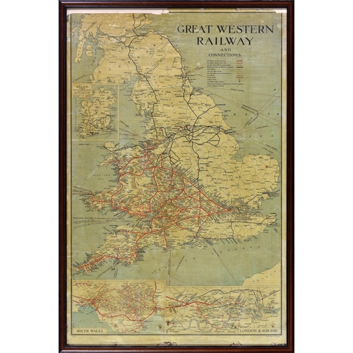 197 - Railwayana - GWR - Great Western Railway - Framed system map of GREAT WESTERN RAILWAY AND CONNECTION... 