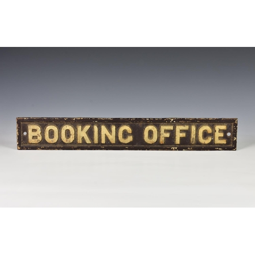 202 - Railwayana - Cast iron ' BOOKING OFFICE ' sign, rectangular, cream lettering on brown ground, 24in. ... 