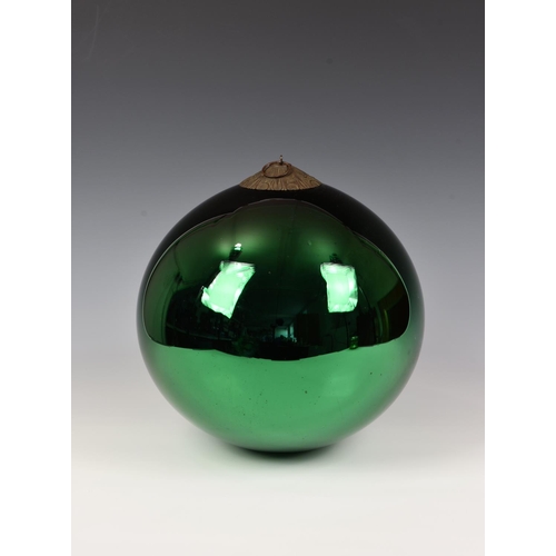 207 - A large 19th century green glass witches ball, having a mirrored effect, ornate circular metal hangi... 